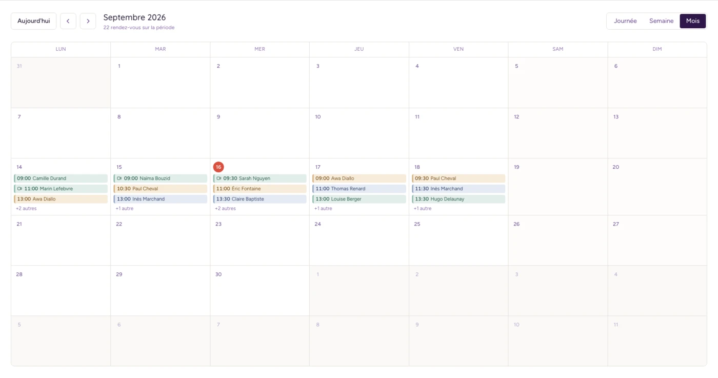 Vue mensuelle de l'agenda praticien