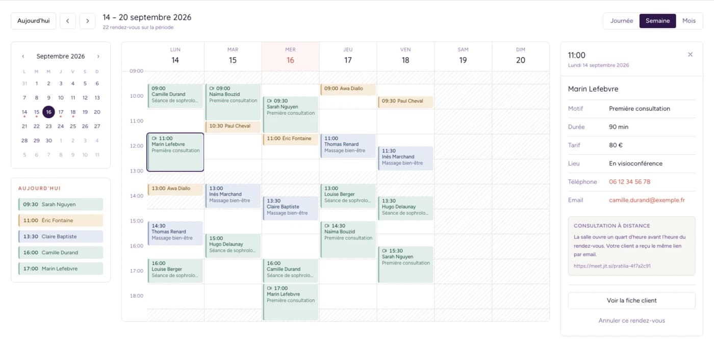 Agenda hebdomadaire de l'espace praticien, avec les rendez-vous répartis par jour et le détail d'une consultation à distance