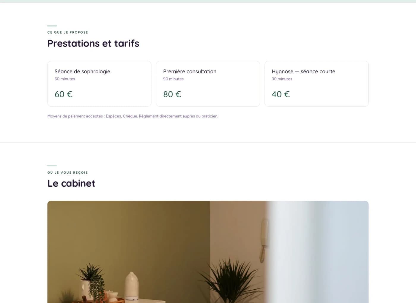 Sections approche et tarifs d'un site vitrine, en bandes alternées avec cartes de tarifs