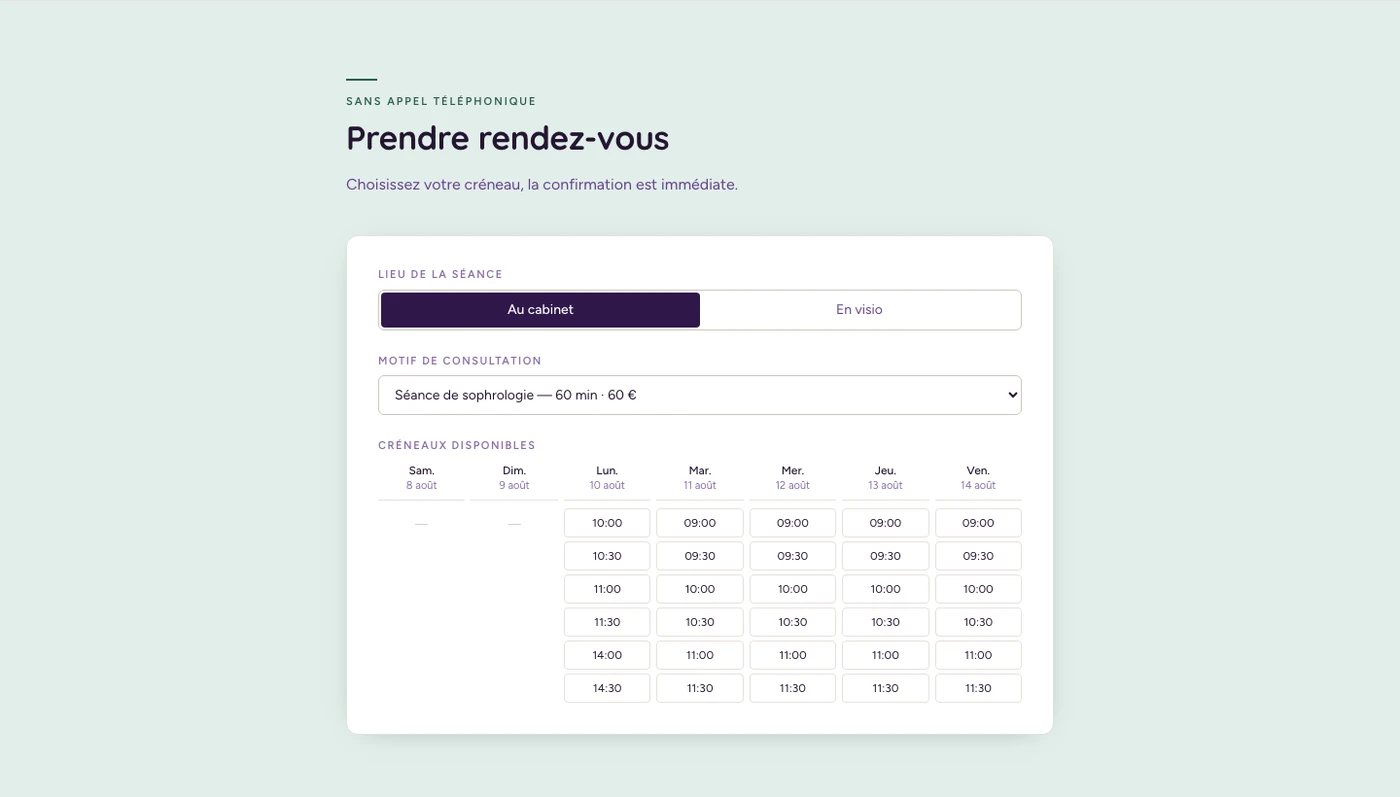 Bloc de réservation intégré au site vitrine, avec choix du lieu, du motif et du créneau